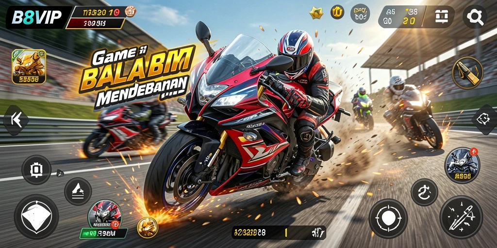 Tampilan gameplay B8VIP yang menggembirakan saat balapan motor.