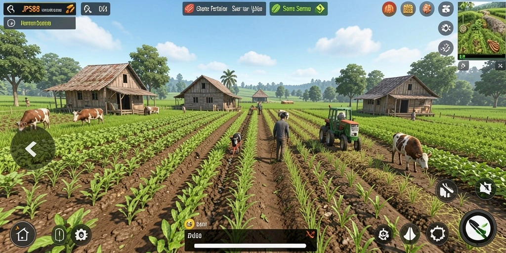 Tangkapan layar gameplay JPS88 menampilkan petanian yang indah dan interaksi dengan hewan.