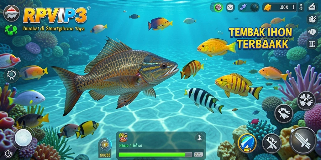 Screenshot gameplay RPVIP3 menunjukkan aksi seru menangkap ikan.