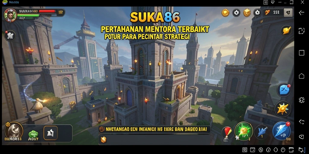 Tangkapan layar utama gameplay Tower Defense SUKA86 yang menampilkan menara dan musuh.