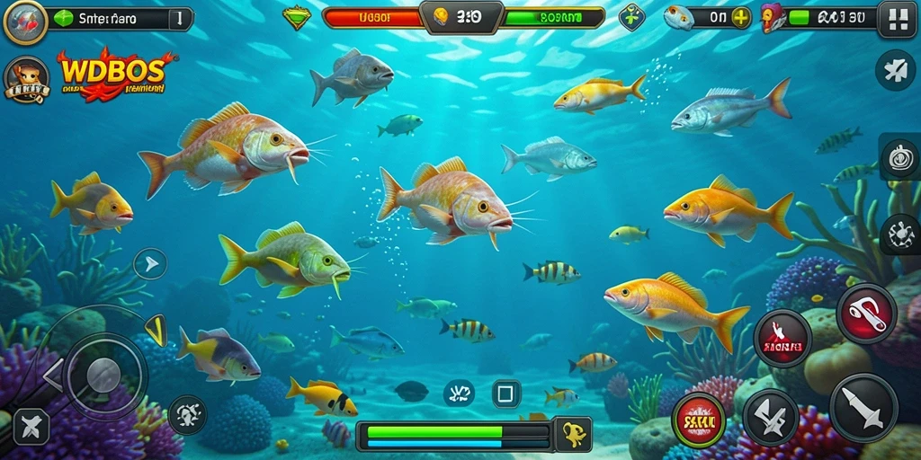 Tampilan gameplay menarik dalam WDBOS saat menangkap ikan.